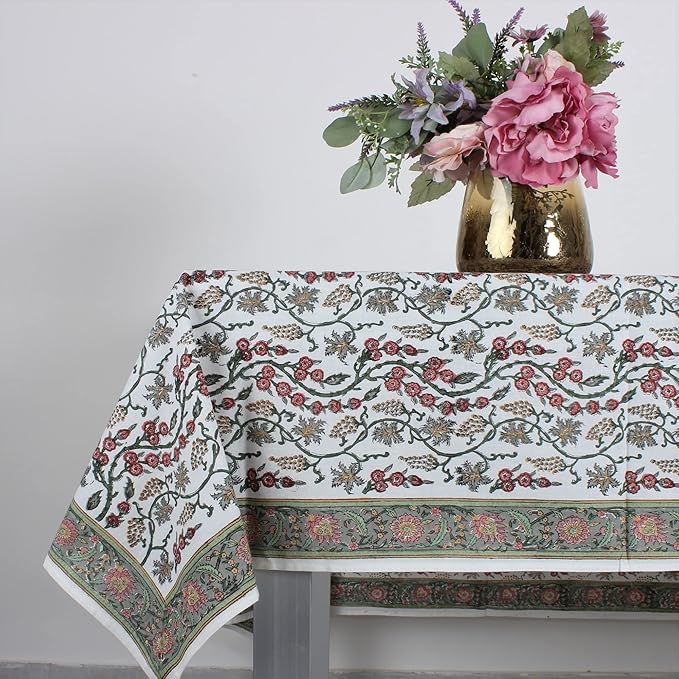 Ridhi Coral Pink Trails Hand Block Print Cotton Rectangle Tablecloth 190 x 72 inches Reusable Table Cover Decorative Everyday Use for Dining Room, Farmhouse, Home, Party, Festive & Wedding, Fall