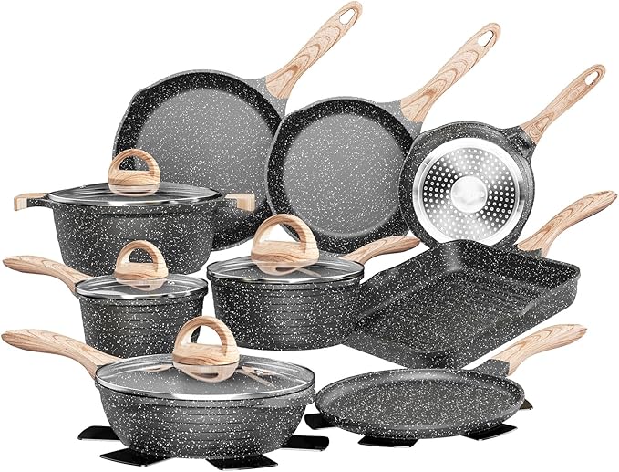 JEETEE Pots and Pans Set Non Stick 23pcs, Healthy Kitchen Cookware Sets, Induction Cooking Set W/Gray Frying Pans, Saucepans, Sauté & Griddle & Crepe Pan (PFOA, PFAS, PFOS Free)