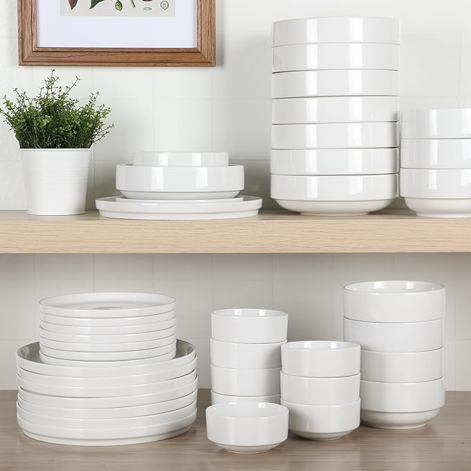 Gibson Home Rothernberg Stackable 40 Piece, Service for 8, White Porcelain Plates and Bowls Set