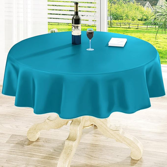 homing Round Vinyl Tablecloth, Waterproof Spillproof Plastic Flannel Backed Table Cloth, Wipe Clean Table Cover for Dining, Buffet Parties and Camping (Turquoise, 60")
