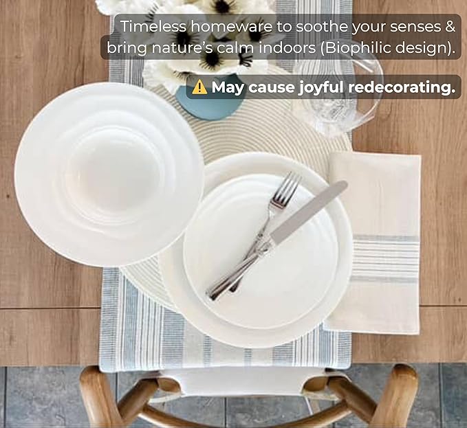 White Porcelain Dinnerware Set for 4–12-Piece Plates and Bowls Sets with Natural Waves – Durable, Microwave, Oven, Dishwasher Safe, Scratch Resistant Modern China Dish Set, stylish, everyday tableware