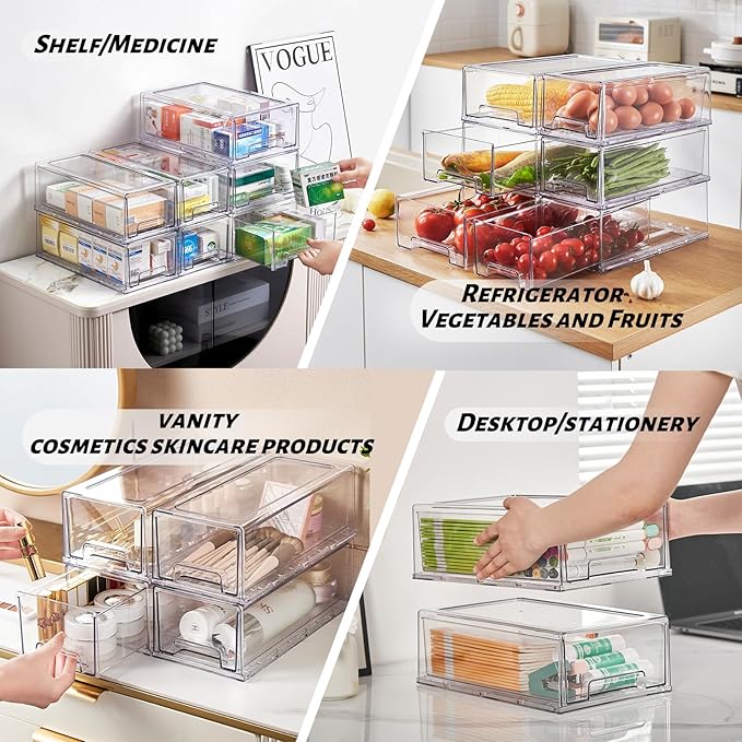 PeJeyiee 2 Pack Clear Stackable Refrigerator Organizers and Storage Drawers - Pull-Out Fridge Bins with Anti-Slip Base & Easy Clean, Plastic Organizers for Kitchen Pantry Cabinet Closet (Medium)