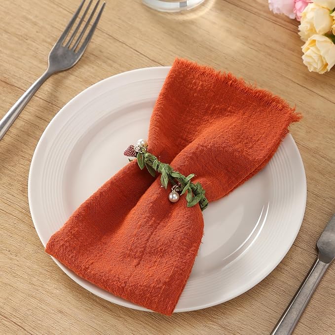 Handmade Cloth Napkins with Fringe, 100% Cotton Napkins, Delicate Handmade Linen Napkins for Dinners, Parties, Weddings and More, 17 x 17 Inch Set of 12 - Orange