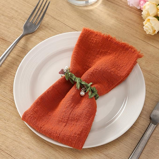 Handmade Cloth Napkins with Fringe, 100% Cotton Napkins, Delicate Handmade Linen Napkins for Dinners, Parties, Weddings and More, 17 x 17 Inch Set of 12 - Orange