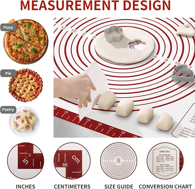 Silicone Baking Pastry Mat, Non Stick Dough Rolling Sheet with Measurement, Nonslip Kitchen Counter Mat, Oven Liner Mat Fondant Dough Kneading Mat for Making Cookies Macarons Bread Pizza