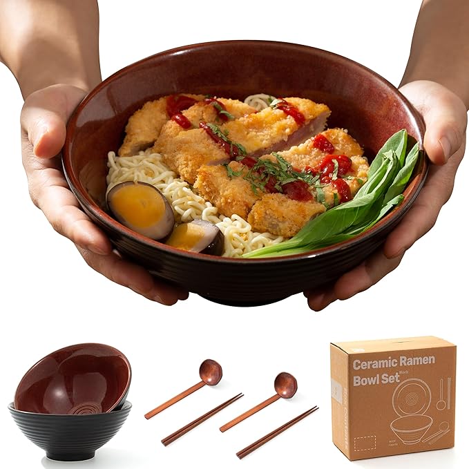 8 Inch Ceramic Ramen Bowl Set of 2, 40oz Japanese Bowls with Spoons & Chopsticks,Durable,Microwave & Dishwasher Safe,Perfect for Ramen,Pho,Salad,Soup,Noodles，Mixing bowls（Carnelian）