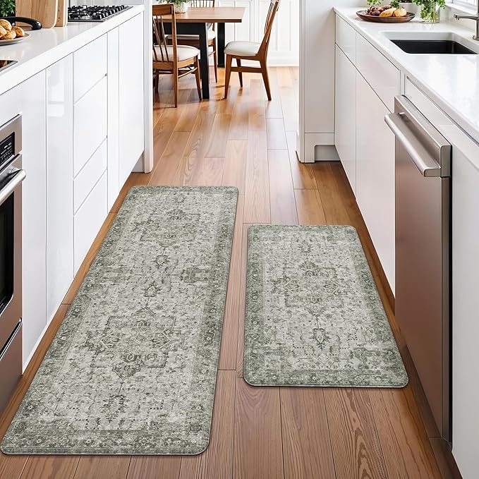 GENIMO Kitchen Mats for Floor 2PCs, Washable Anti Fatigue Mat for Cushioned, 17.3"x47"+17.3"x30", Waterproof Kitchen Rugs, Non Slip Standing Mat Rug for Home, Runner, Sink, Laundry, Vintage Grey