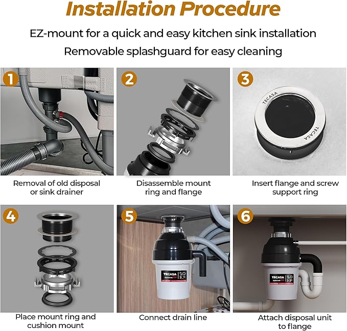 1 HP Garbage Disposal with Sound Reduction, TECASA Food Waste Disposer for Kitchen Sink, Septic Safe Garbage Disposal, Power Cord Included, Grey and Black - HyperCrush 100