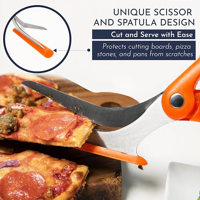 Loftern Orange Pizza Scissors - Non-Stick Pizza Scissors with Firm Grip Base - Food Grade Stainless Steel Pizza Cutter - 5-in-1 Food Slicer & Pizza Server - Durable, Safe & Mess Free
