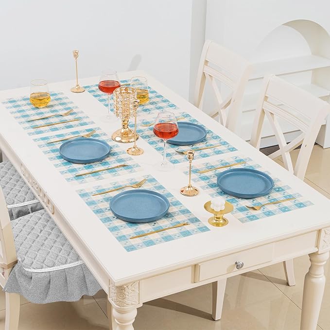 BACKTOEDEN Placemats Set of 6 Heat Resistant Washable Wipeable Placemat Woven Non-Slip Foldable Vinyl/Plastic Place Mats Indoor/Outdoor Mat Kitchen Dining Table Pad, Blue Checkered