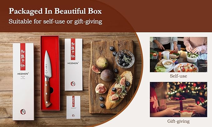 HEZHEN 4.3 inch Blade Paring Kitchen Knife,High-Carbon 1.4116 German Steel Cutlery, Ergonomic Red Wood Handle Petty Knives for Home Chefs, Ultimate Paring Knife for Utility Tasks