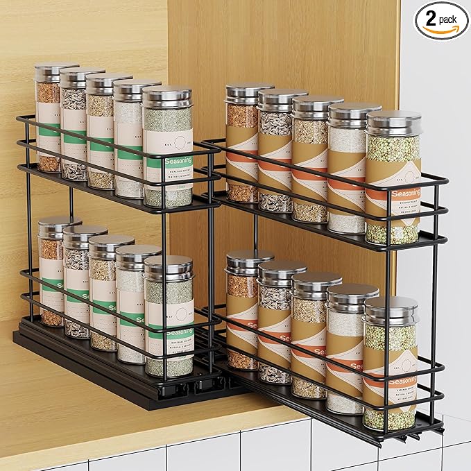 Pull Out Spice Rack Organizer for Cabinet, Slide Out Spice Racks, Easy to Install Spice Cabinet Organizer, 2.1''Wx10.35''Dx8.26''H, 2 Drawers 2 Tiers(Black)