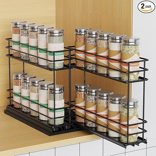 Pull Out Spice Rack Organizer for Cabinet, Slide Out Spice Racks, Easy to Install Spice Cabinet Organizer, 2.1''Wx10.35''Dx8.26''H, 2 Drawers 2 Tiers(Black)