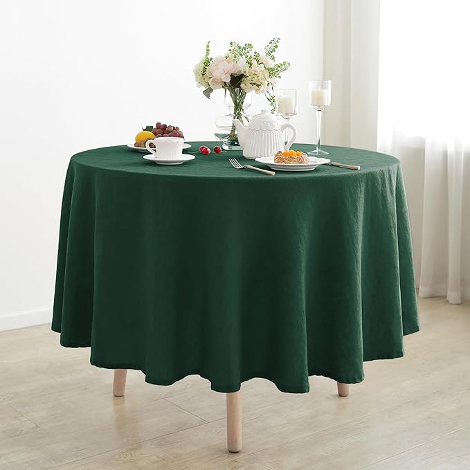 Linen World Green Linen Tablecloth - 100% French Linen Round Tablecloth 90" Inch, Washable Natural Table Cloth for Dining, Outdoor, Weddings and Restaurants, Decorative Thanksgiving Christmas