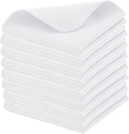 PurpleEssences Dish Cloths and Dish Rags - 8 Pack Waffle Weave Solid Kitchen Dish Wash Cloths, 100% Cotton, 12 x 12 Inches, Ultra Soft Absorbent Quick Drying - Christmas Holiday Winter - White