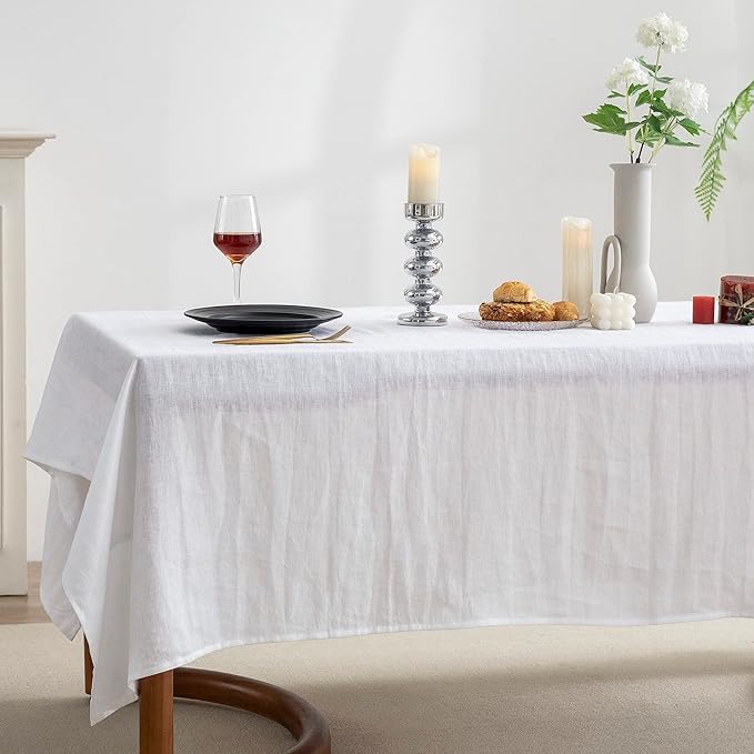 EVERLY 100% Pure Linen Rectangle Tablecloths 60x84Inches for Dining, Buffet Parties, Picnic,Events, Weddings and Restaurants, Decorative Halloween, Thanksgiving Machine Washable Tablecloths-White