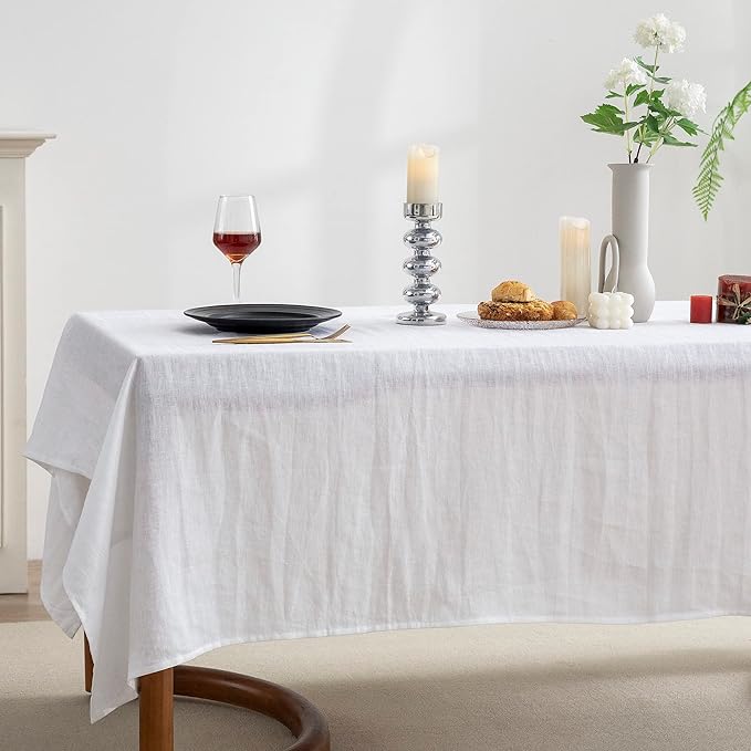 EVERLY 100% Pure Linen Rectangle Tablecloths 60x108 Inches for Dining,Buffet Parties,Picnic,Events,Weddings and Restaurants,Decorative Halloween,Thanksgiving Machine Washable Tablecloths-White