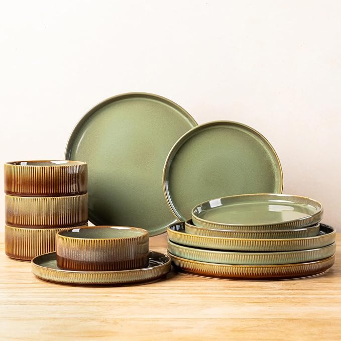 TheTerra Ceramic Dinnerware Sets for 4, 12 Pieces Porcelain Lightweight Plates and Bowls Sets, Scratch Resistant Dish Set, Oven & Microwave & Dishwasher Safe, Brown Green