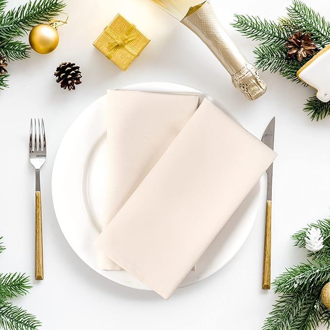 Ramanta Home Set of 12 Polyester Cloth Napkins 18x18 Inches - Washable Dinner Napkins with Hemmed Edges for Weddings, Thanksgiving, Hotel - Soft Durable Table Linen for Parties or Everyday Use - Beige