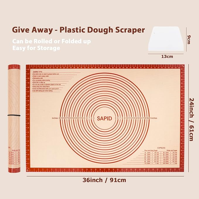 Sapid Extra Thick Silicone Pastry Mat Non-slip with Measurements for Non-stick Silicone Baking Mat Extra Large, Dough Rolling, Pie Crust, Kneading Mats, Countertop, Placement Mats (24" x 36", Red)