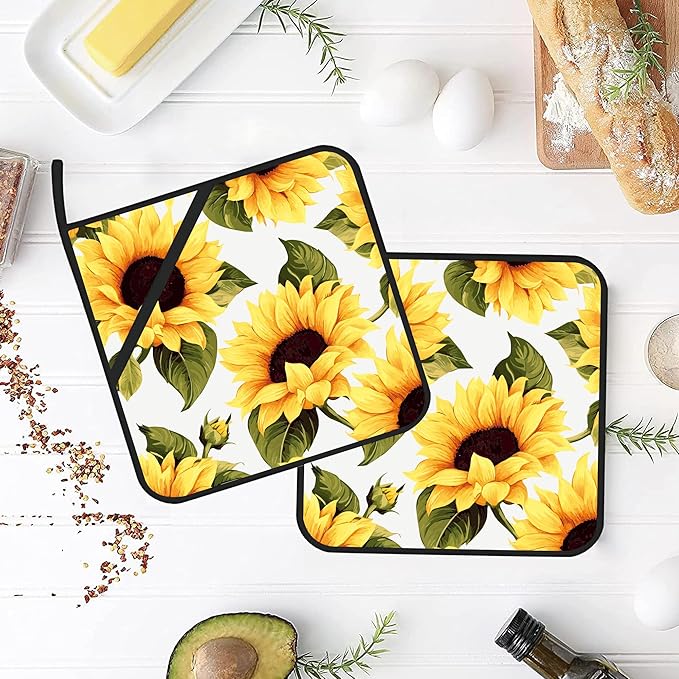 Groovy Sunflower Pot Holders Set of 2 Kitchen Heat Resistant Potholders for Microwave Cooking Baking Oven End Dishes and BBQ Gifts for Women
