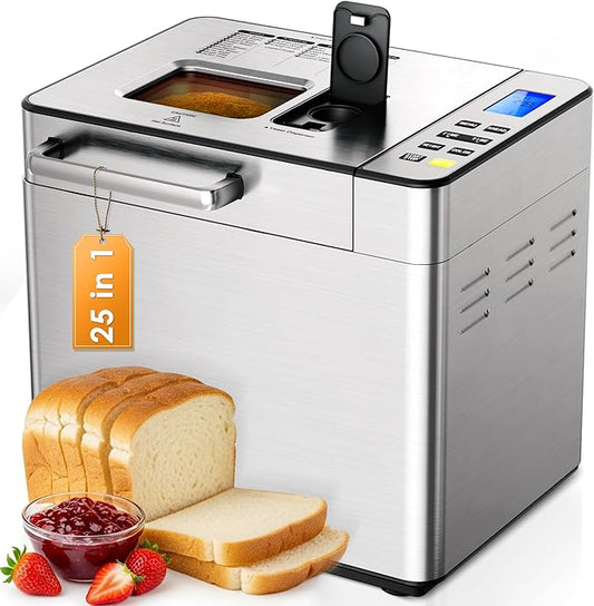 EUHOMY 25-in-1 Bread Maker Machine 2LB Breadmaker, Bread Machines with Nut Dispenser and Yeast Dispenser, 3 Loaf Sizes 3 Crust Colors, Dough Maker with Customized Options, Gluten-Free, Recipe, Gifts