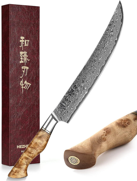 HEZHEN Slicing Knife 10 inch - Granton Carving Knives Hollow Ground Meat Knife Kitchen Long Slicer & Carver - Figured Sycamore Wood Handle - Gift Box Included - Master Series