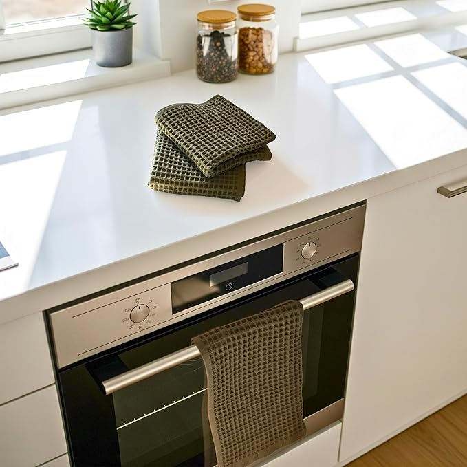 PÜSKÜL Organic Waffle Kitchen Towel 100% Turkish Cotton Set of 3 Khakie Green - Premium Quality, Soft, Quick-Dry, Absorbent, Lint-Free Hand Towels 32X16 Inches (3, Khaki Green)