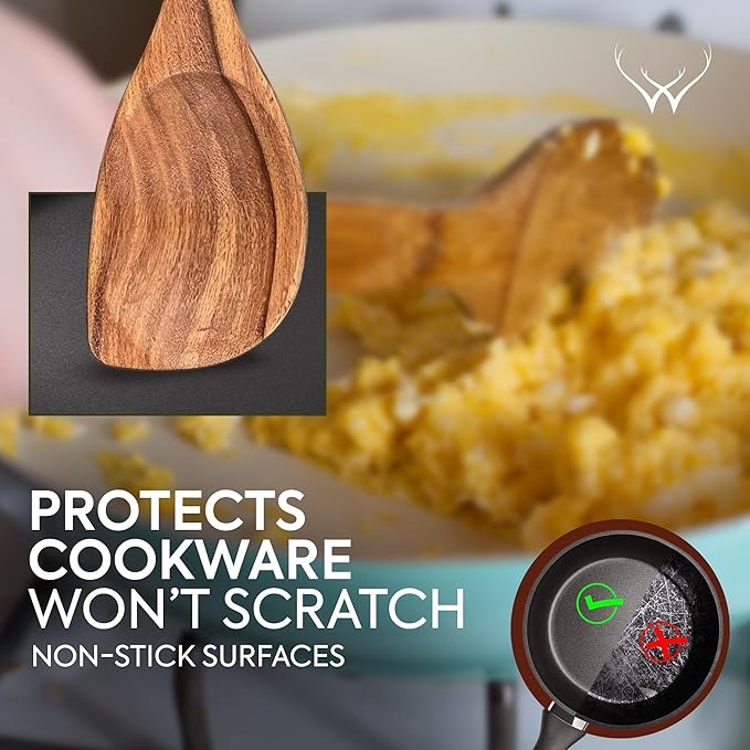 Corner Wooden Spoon for Cooking 12” Long Handle - Cooking Utensils Set for Women & Chefs, Elegant Wooden Kitchen Utensil Set with Rest, Essential Wooden Utensil Set for Kitchen & Perfect Gifts