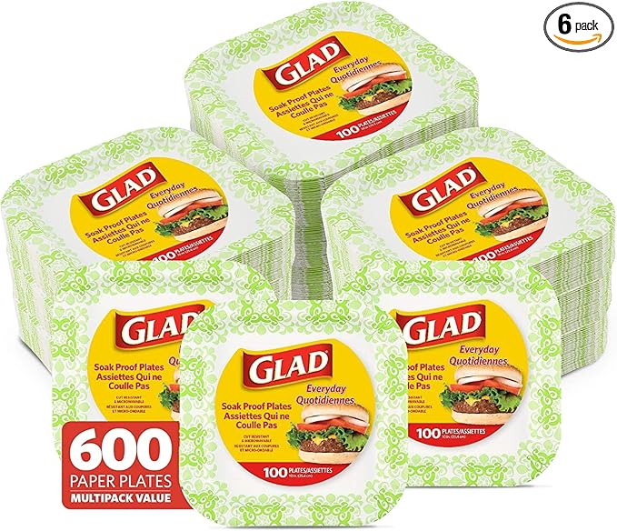 Glad Square Disposable Paper Plates for All Occasions | Soak Proof, Cut Proof, Microwaveable Heavy Duty Disposable Plates | 10" Diameter, 600 Count Bulk Paper Plates