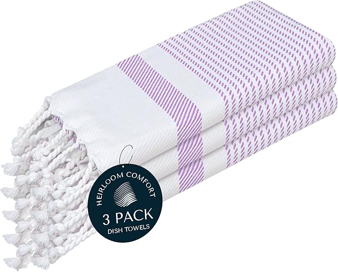 Lavender Turkish Kitchen Towels 16x26 Inch, 3 Pack, 100% Cotton, Ultra Absorbent, Soft, Fast Dry, Machine Washable, Dish Towel with Tassels for Drying Dishes, Cleaning, Everyday Use
