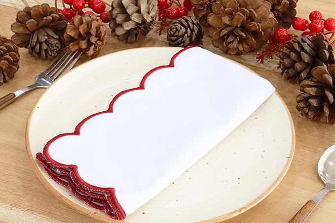 PurpleEssences Scalloped Embroidery Cloth Napkins Christmas Holiday Winter Table Decor 100% Cotton Set of 4-18 x 18 inch - White - Edges - Red