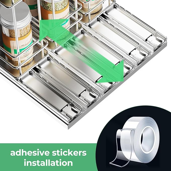 Pull Out Spice Rack Organizer for Cabinet, Slide Out Spice Racks, Easy to Install, 2.1''Wx10.35''Dx8.26''H, 3 Drawers 2 Tiers(Silver)