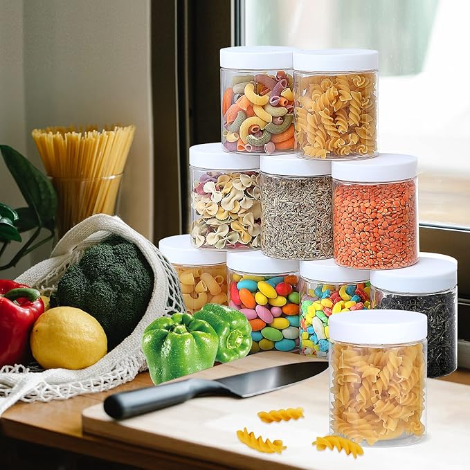 36PCS 8OZ Plastic Jars with Screw On Lids, Labels Refillable Empty Round Slime Containers for Storing Dry Food, Honey Jam, Cream, Butter, Lotion (White)