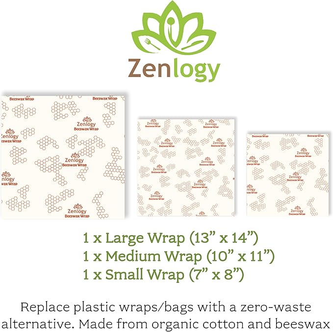 Zenlogy Reusable Beeswax Food Storage Wrap, Eco Friendly Alternative, Sustainable Organic Cut to Size Cotton Beeswax Wraps, 3 Pack (13" x 14", 10" x 11", 7" x 8")