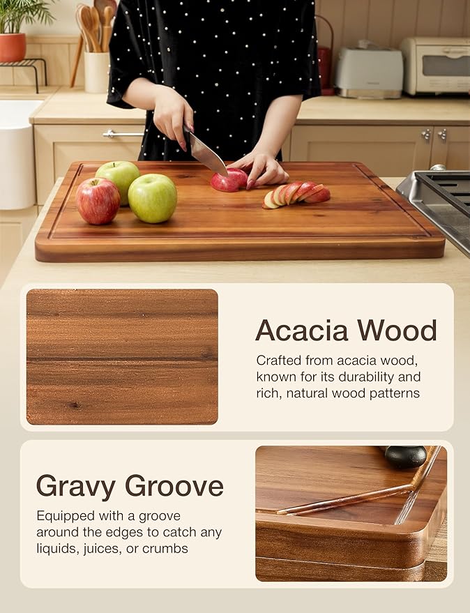 Acacia Wood Cutting Board and Chopping Board with Handle for Meat, Cheese Board, Vegetables, Bread, and Charcuterie Board - Wooden Serving Board for Kitchen, Dining Room (24" x 18")