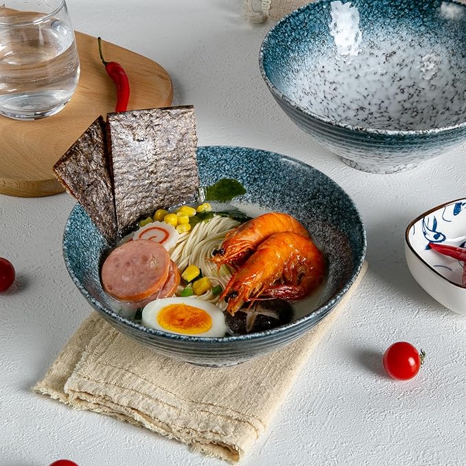 34 oz Ceramic Ramen Bowl Set of 2, Ramen Noodle Bowl with Spoons and Chopsticks 8 Inch (Stone)