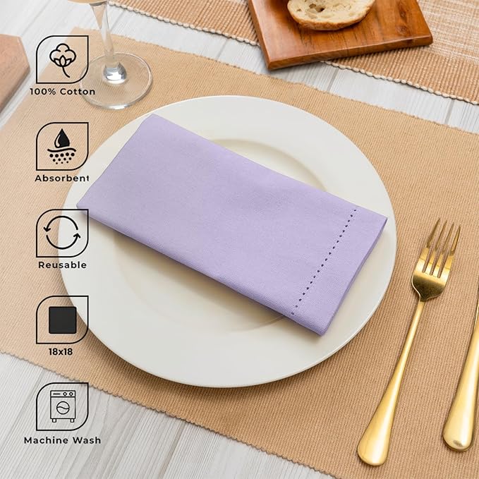 Blue Needles Set of 12 Hemstitch Linen Napkins 100% Cotton Lavender Cloth Dinner Napkins 18x18 inches, Soft, Reusable, Absorbent, Washable, Ideal for Fall Thanksgiving Events, Parties & Everyday Use