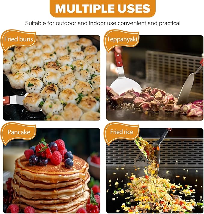 Metal Spatula Set for Cast Iron Skillet, Wide Griddle Stainless Steel Spatula Flipper Turner Utensil Set for Kitchen Use with Short Wood Handle Beveled Edge for Pancake, Egg, Burger, Omelet, 2 Pack