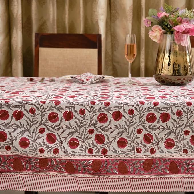 Ridhi Sangria Red Hand Block Print Cotton Rectangle Tablecloth 118 x 70 inches Reusable Table Cover Decorative Everyday Use for Dining Room, Farmhouse, Home, Party, Festive & Wedding, Fall