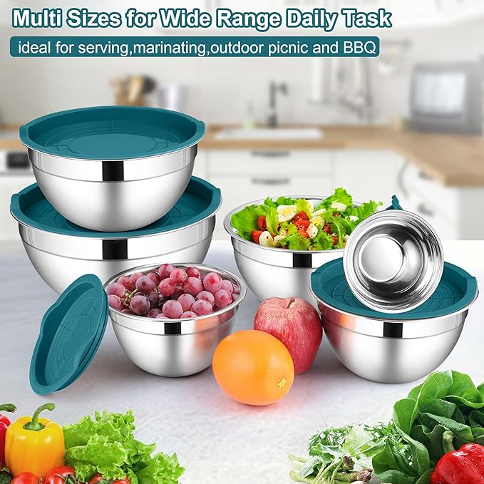 LIANYU 6 Piece Stainless Steel Mixing Bowls, Large 7, 3.5, 2.5, 2, 1.5, 1 QT Metal Bowls Set, Kitchen Nesting Bowls for Salad Cooking Prepping Food Storage, Dishwasher & Freezer Safe, Blue