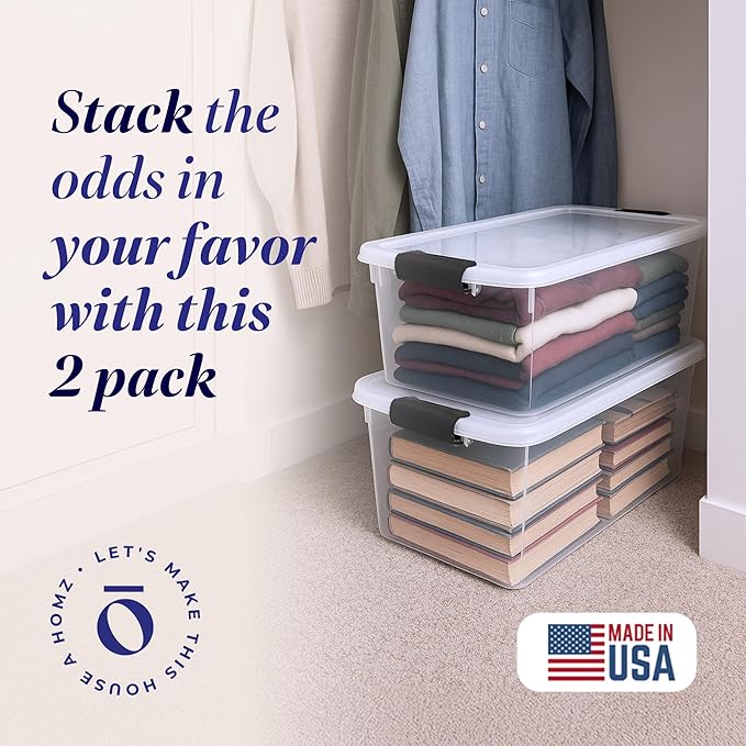 HOMZ 2-Pack Latching Lid, Large Clear Plastic Storage Bins with Lids, 66 Quart, Gray Latch - Stackable Container Boxes for Home, Bathroom, and Office Organization