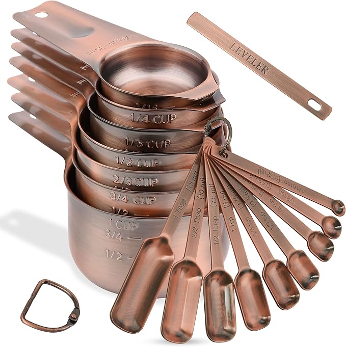 Measuring Cups and Spoons Set, Copper Plated Measuring Cups Spoons, Stainless Steel 7 Measuring cups and 9 Measuring Spoons 1 Leveler for Baking and Kitchen, Metal Copper Measure Cups&Spoons