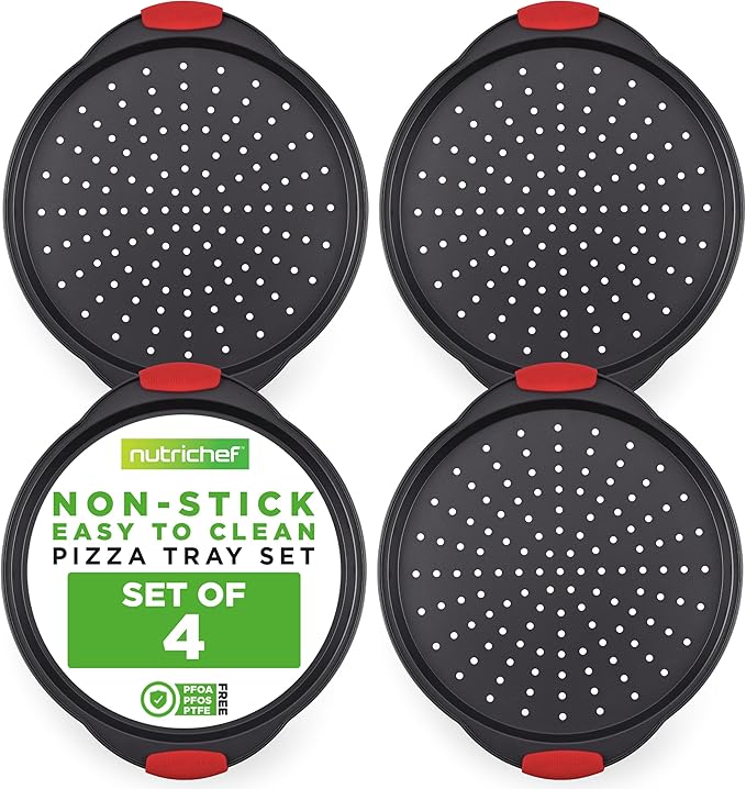 NutriChef Non-Stick Pizza Tray with Silicone Handles, 4-Pack Round Steel Non-Stick Pans with Perforated Holes, Premium Bakeware, Pizza Trays with Silicone and Oversized Handles, Dishwasher Safe