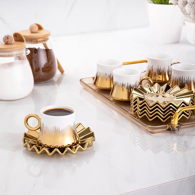 Turkish Coffee Cup Set of 6 with Saucers & Tray - Luxury Arabic Greek Japanese Marble Ceramic Tea Cups for Espresso Cappuccino Latte Mocha, Ideal Gift - 6.7oz,- White