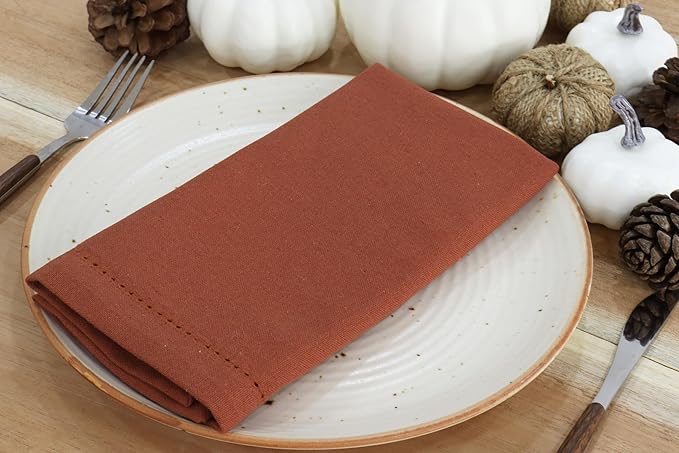 PurpleEssences Rust Set of 6 Hemstitch Cloth Dinner Napkins 100% Cotton - Soft Durable Washable - Ideal for Wedding Christmas Holiday Winter - Perfect Everyday Use Table Linen 18x18 - Rust