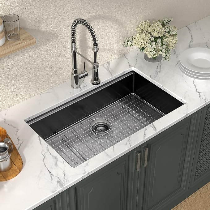 Lordear 32 Undermount Kitchen Sink 32X19 Inch Sinks Ledge Workstation Gunmetal Black 16 Gauge Stainless Steel Single Bowl Under Counter Kitchen Sink Basin with Built- in Accessories