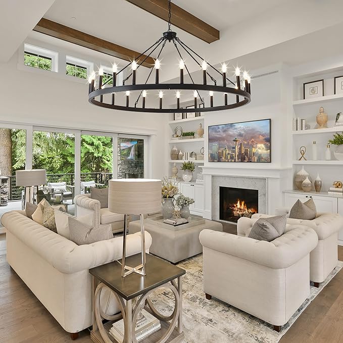 53 Inch Large Black Farmhouse Wagon Wheel Chandelier,24-Light Round Industrial Pendant Light fixtures for Outdoor Porch high Ceilings Living Dining Room Foyer Entryway