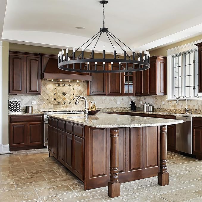 53 Inch Large Black Farmhouse Wagon Wheel Chandelier,24-Light Round Industrial Pendant Light fixtures for Outdoor Porch high Ceilings Living Dining Room Foyer Entryway