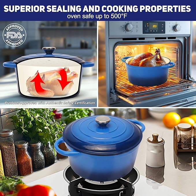 5QT Enameled Cast Iron Bread Oven with Proofing Basket for Bread Baking, Bread Making Supplies Tools,Heavy-Duty Cookware for Braising, Stews, Roasting, Bread Baking (Blue)